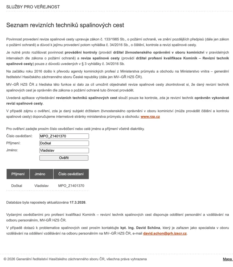 Náhled registru revizních techniků spalinových cest HZS ČR — ověření kominíka Vladislava Dočkala v Praze